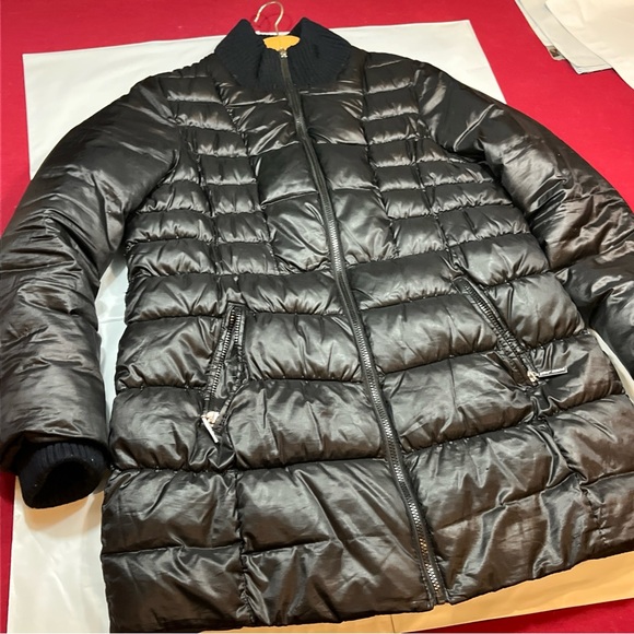 Betsey Johnson BLACK LONG Puffer COAT Zip Pockets Knit Ribbed High Collar Cuff L - Picture 9 of 16